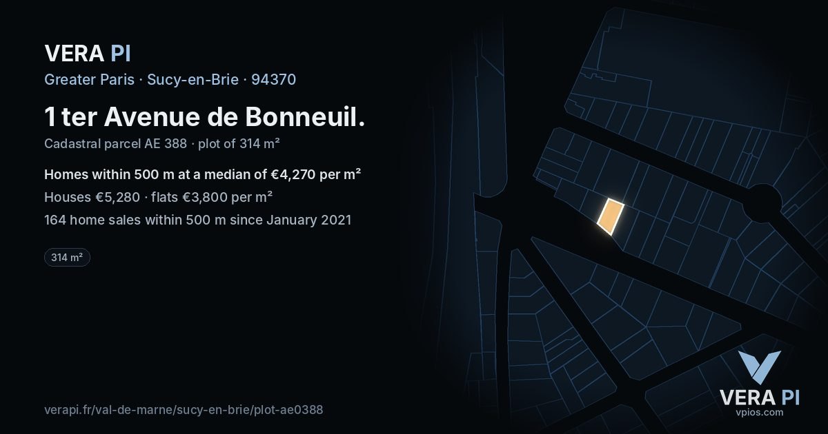 1 ter Avenue de Bonneuil, Sucy-en-Brie at night – the plot lit, the parcels around coloured by the prices near them