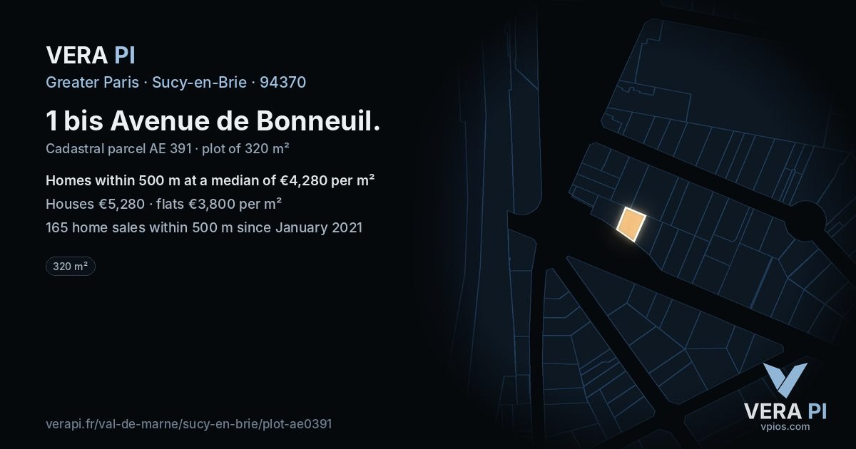 1 bis Avenue de Bonneuil, Sucy-en-Brie at night – the plot lit, the parcels around coloured by the prices near them