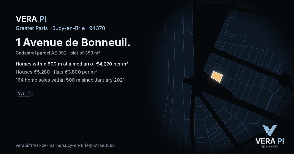 1 Avenue de Bonneuil, Sucy-en-Brie at night – the plot lit, the parcels around coloured by the prices near them