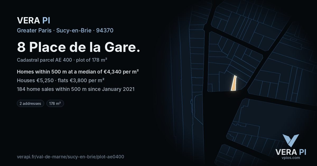 8 Place de la Gare, Sucy-en-Brie at night – the plot lit, the parcels around coloured by the prices near them