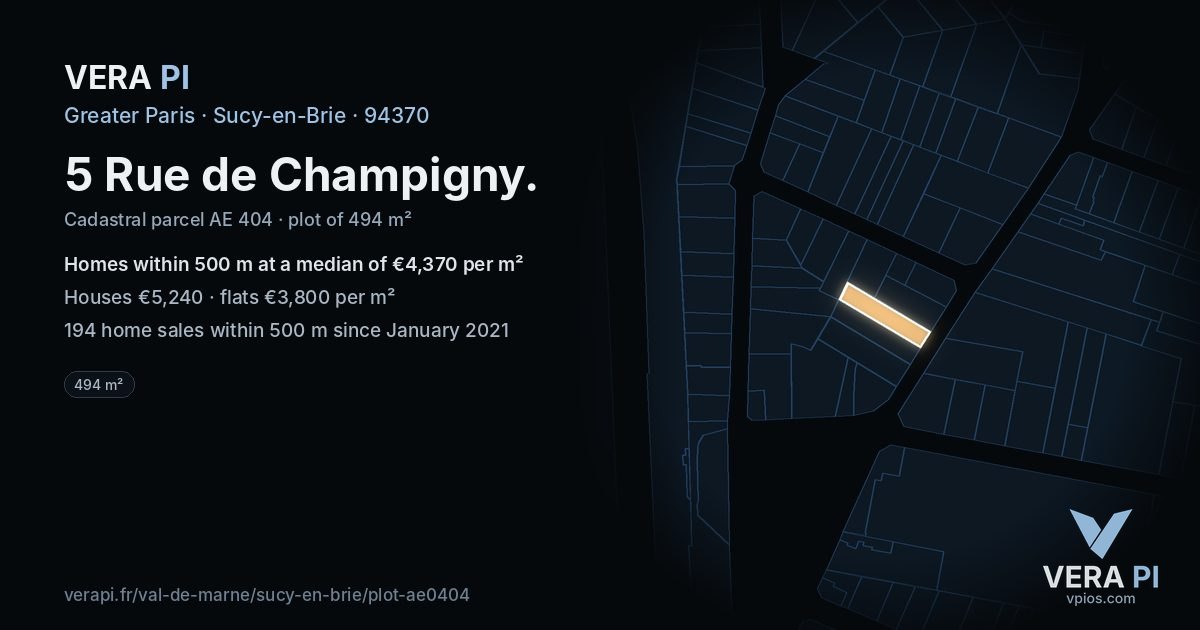 5 Rue de Champigny, Sucy-en-Brie at night – the plot lit, the parcels around coloured by the prices near them