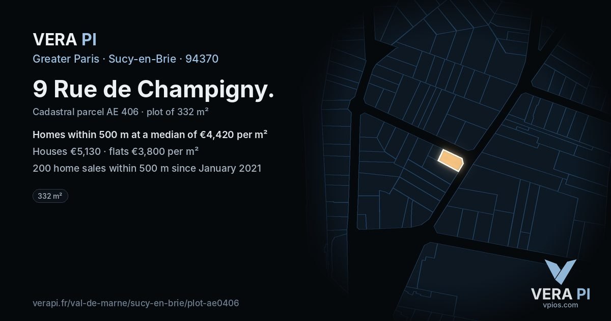 9 Rue de Champigny, Sucy-en-Brie at night – the plot lit, the parcels around coloured by the prices near them