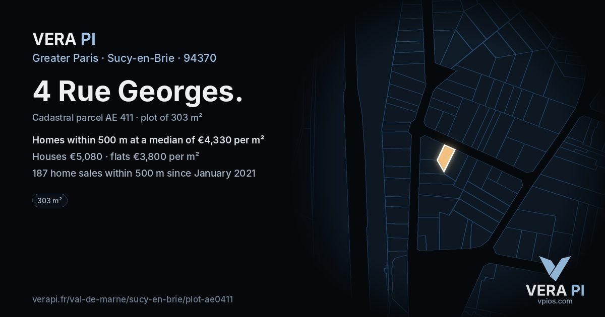 4 Rue Georges, Sucy-en-Brie at night – the plot lit, the parcels around coloured by the prices near them