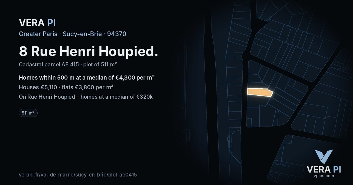 8 Rue Henri Houpied, Sucy-en-Brie at night – the plot lit, the parcels around coloured by the prices near them