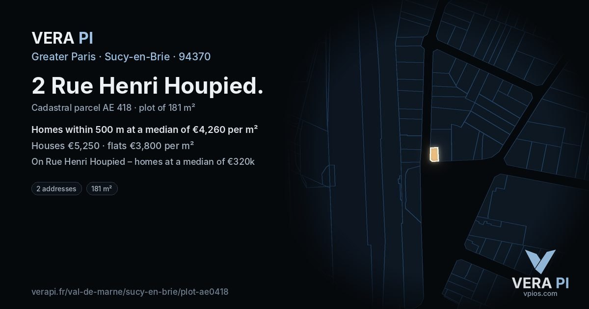 2 Rue Henri Houpied, Sucy-en-Brie at night – the plot lit, the parcels around coloured by the prices near them