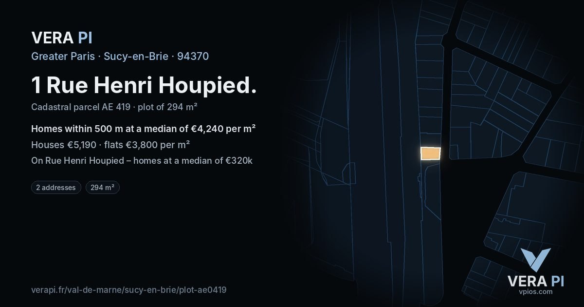 1 Rue Henri Houpied, Sucy-en-Brie at night – the plot lit, the parcels around coloured by the prices near them