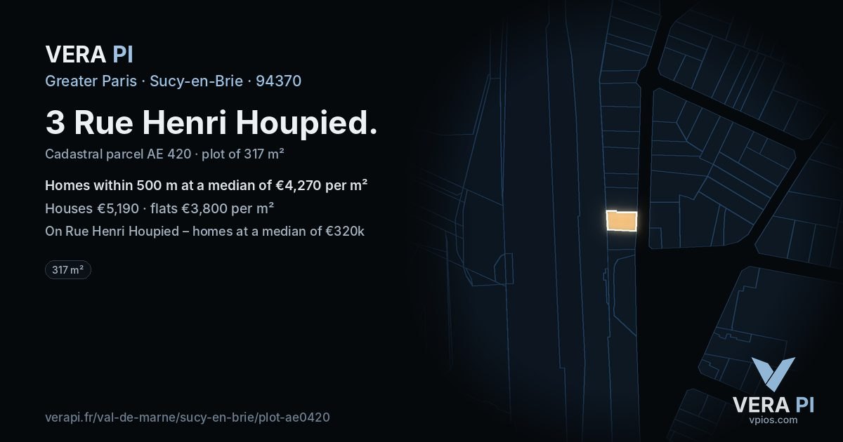 3 Rue Henri Houpied, Sucy-en-Brie at night – the plot lit, the parcels around coloured by the prices near them
