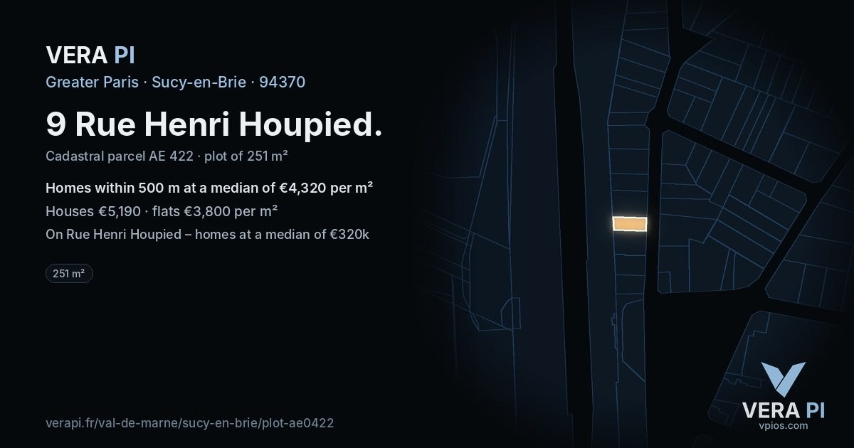 9 Rue Henri Houpied, Sucy-en-Brie at night – the plot lit, the parcels around coloured by the prices near them