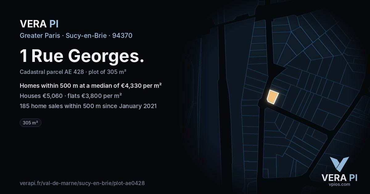 1 Rue Georges, Sucy-en-Brie at night – the plot lit, the parcels around coloured by the prices near them