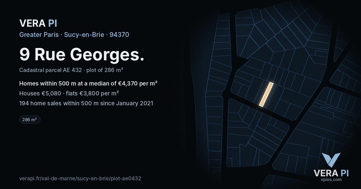 9 Rue Georges, Sucy-en-Brie at night – the plot lit, the parcels around coloured by the prices near them