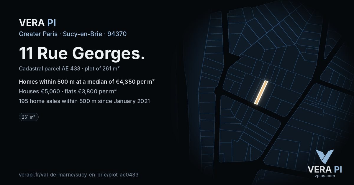 11 Rue Georges, Sucy-en-Brie at night – the plot lit, the parcels around coloured by the prices near them