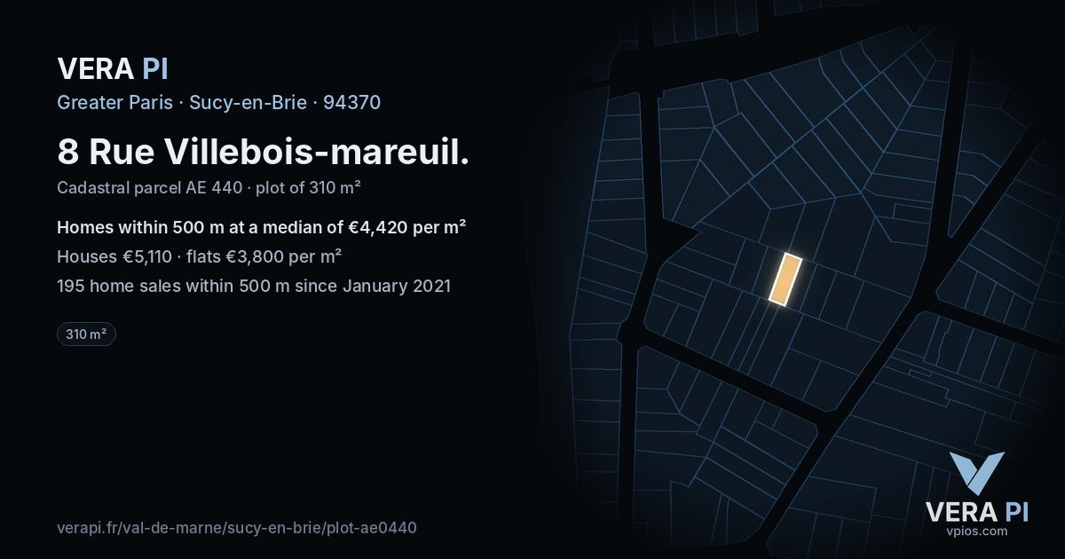 8 Rue Villebois-mareuil, Sucy-en-Brie at night – the plot lit, the parcels around coloured by the prices near them