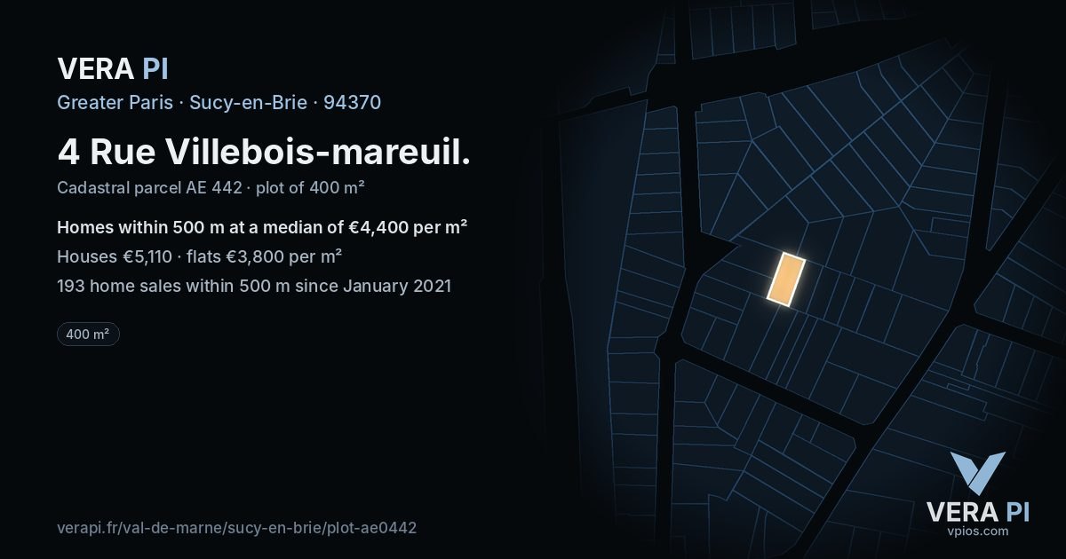 4 Rue Villebois-mareuil, Sucy-en-Brie at night – the plot lit, the parcels around coloured by the prices near them
