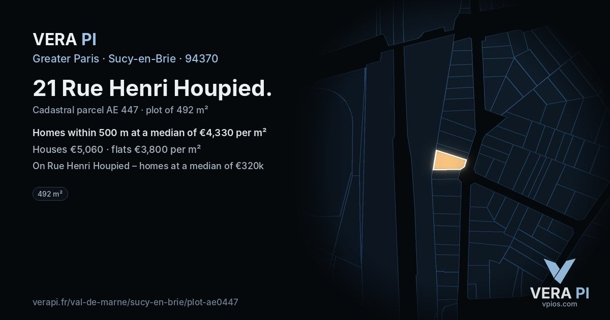 21 Rue Henri Houpied, Sucy-en-Brie at night – the plot lit, the parcels around coloured by the prices near them
