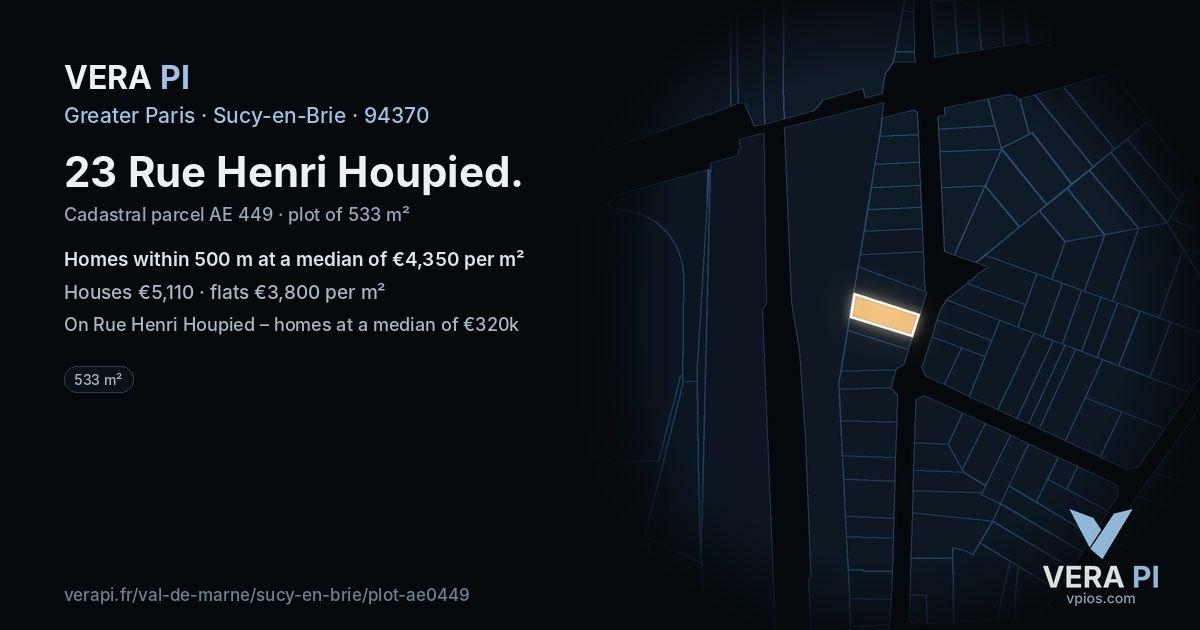23 Rue Henri Houpied, Sucy-en-Brie at night – the plot lit, the parcels around coloured by the prices near them