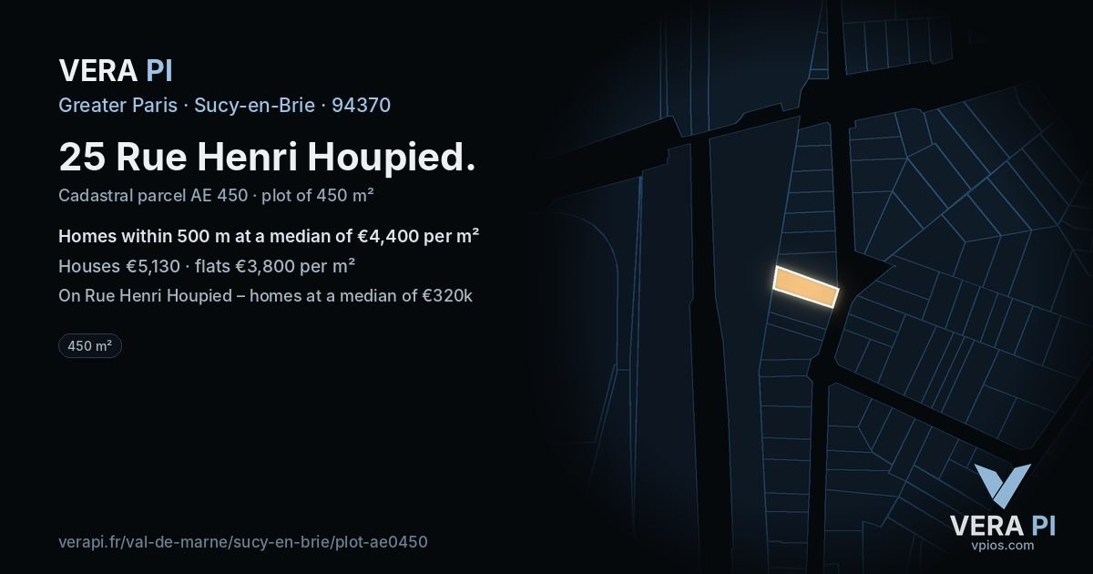 25 Rue Henri Houpied, Sucy-en-Brie at night – the plot lit, the parcels around coloured by the prices near them