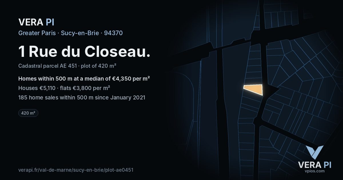 1 Rue du Closeau, Sucy-en-Brie at night – the plot lit, the parcels around coloured by the prices near them