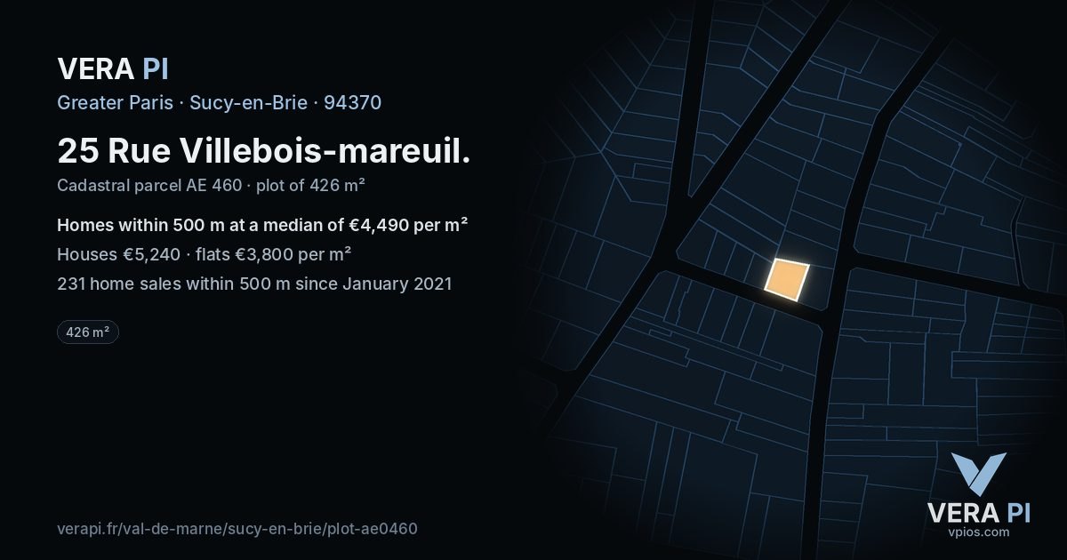 25 Rue Villebois-mareuil, Sucy-en-Brie at night – the plot lit, the parcels around coloured by the prices near them