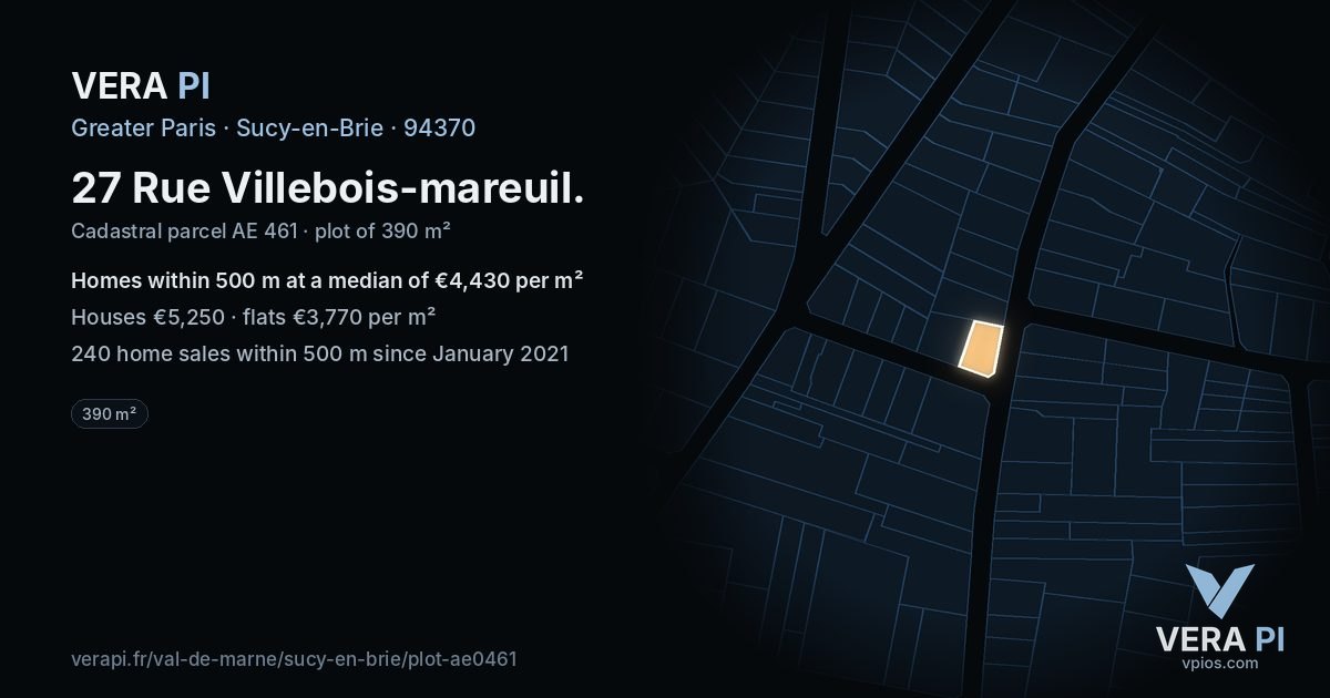 27 Rue Villebois-mareuil, Sucy-en-Brie at night – the plot lit, the parcels around coloured by the prices near them