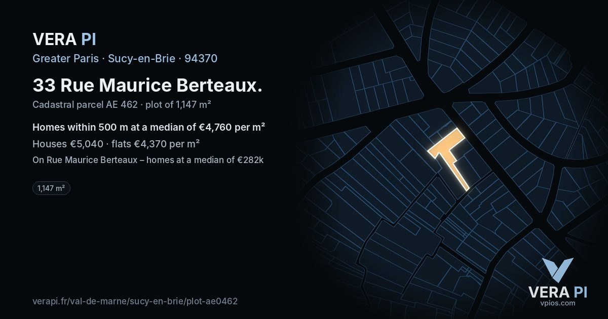 33 Rue Maurice Berteaux, Sucy-en-Brie at night – the plot lit, the parcels around coloured by the prices near them