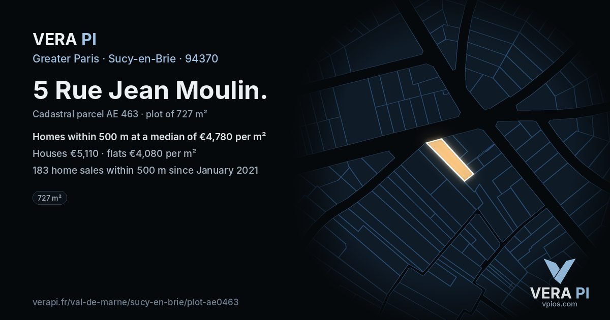 5 Rue Jean Moulin, Sucy-en-Brie at night – the plot lit, the parcels around coloured by the prices near them