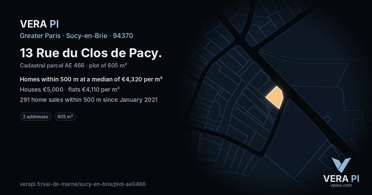 13 Rue du Clos de Pacy, Sucy-en-Brie at night – the plot lit, the parcels around coloured by the prices near them