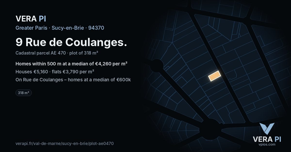 9 Rue de Coulanges, Sucy-en-Brie at night – the plot lit, the parcels around coloured by the prices near them