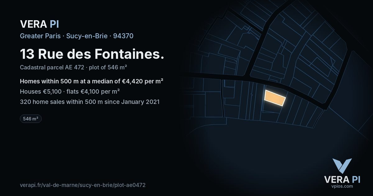 13 Rue des Fontaines, Sucy-en-Brie at night – the plot lit, the parcels around coloured by the prices near them