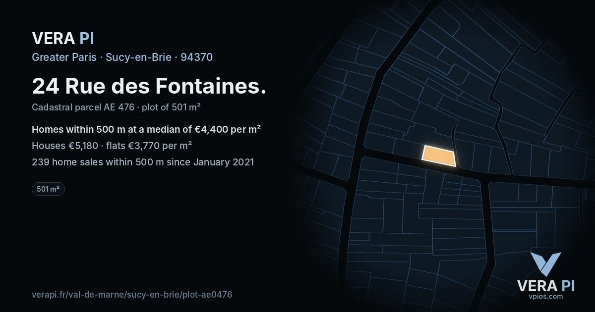 24 Rue des Fontaines, Sucy-en-Brie at night – the plot lit, the parcels around coloured by the prices near them