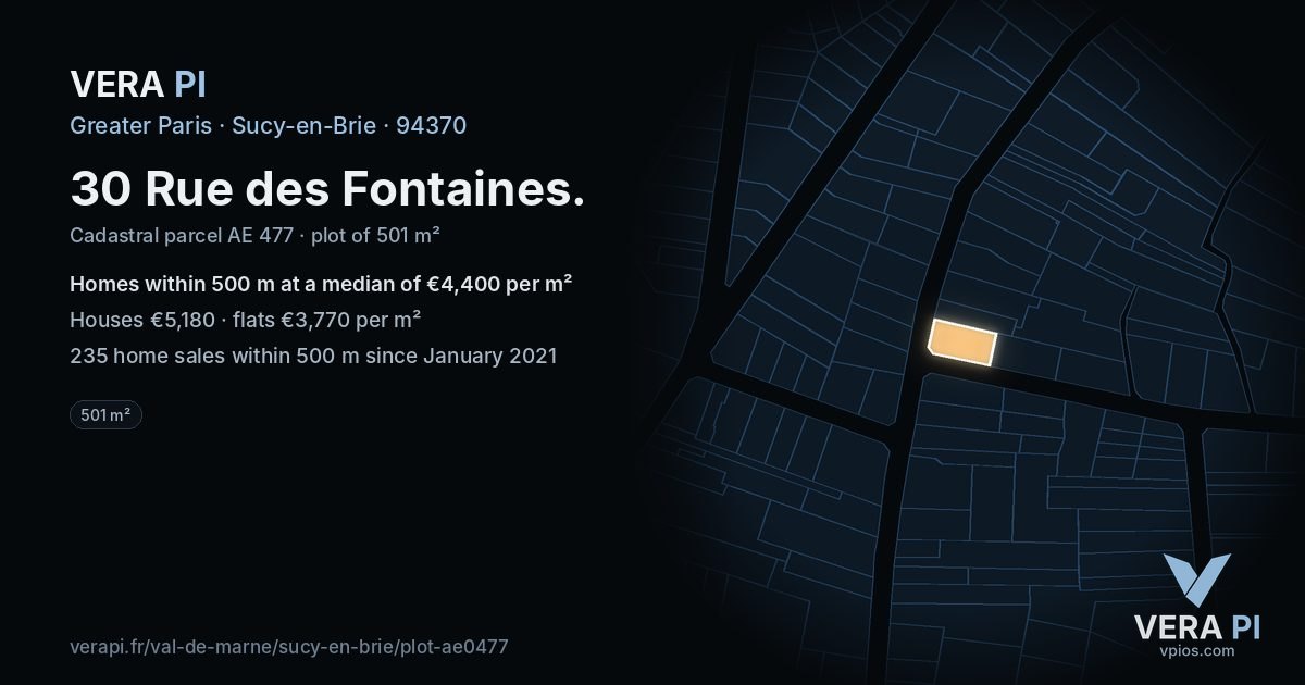 30 Rue des Fontaines, Sucy-en-Brie at night – the plot lit, the parcels around coloured by the prices near them