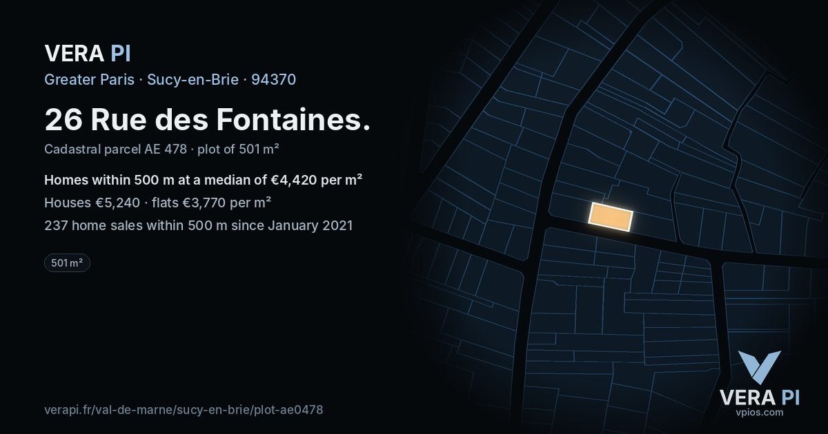 26 Rue des Fontaines, Sucy-en-Brie at night – the plot lit, the parcels around coloured by the prices near them