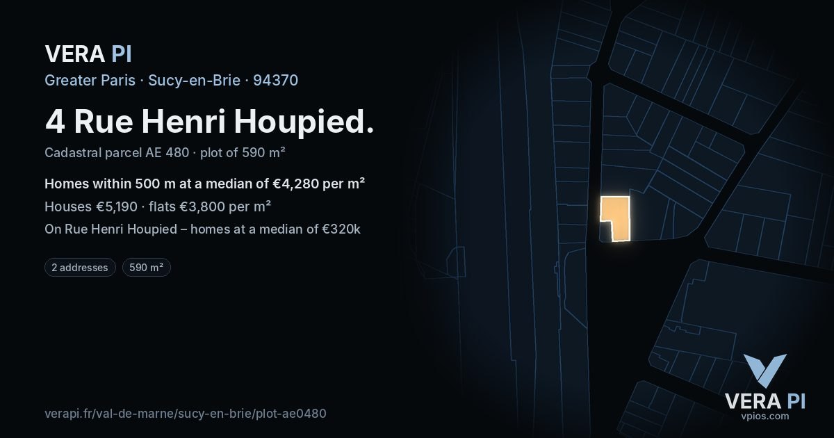4 Rue Henri Houpied, Sucy-en-Brie at night – the plot lit, the parcels around coloured by the prices near them