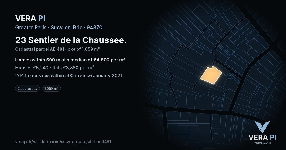 23 Sentier de la Chaussee, Sucy-en-Brie at night – the plot lit, the parcels around coloured by the prices near them