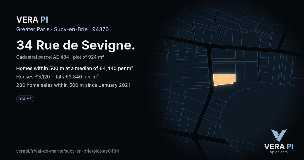 34 Rue de Sevigne, Sucy-en-Brie at night – the plot lit, the parcels around coloured by the prices near them