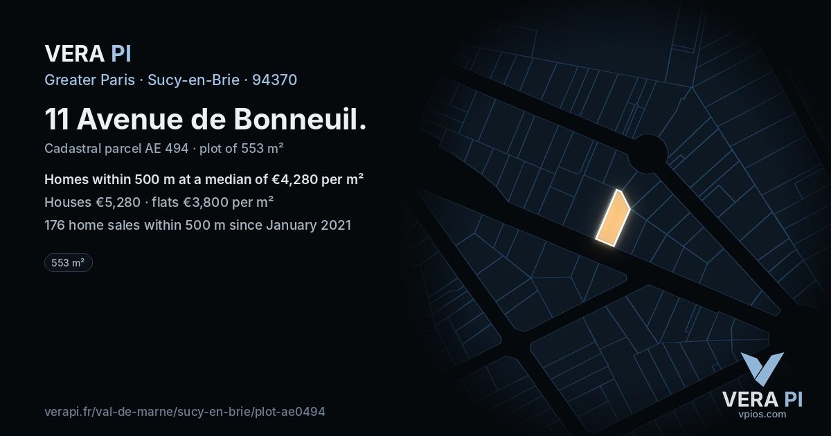 11 Avenue de Bonneuil, Sucy-en-Brie at night – the plot lit, the parcels around coloured by the prices near them