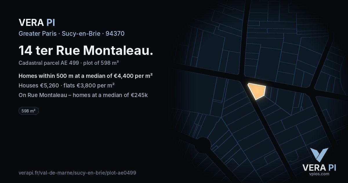 14 ter Rue Montaleau, Sucy-en-Brie at night – the plot lit, the parcels around coloured by the prices near them