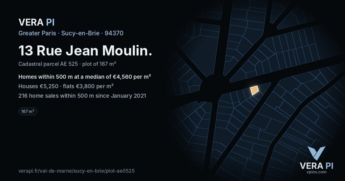 13 Rue Jean Moulin, Sucy-en-Brie at night – the plot lit, the parcels around coloured by the prices near them