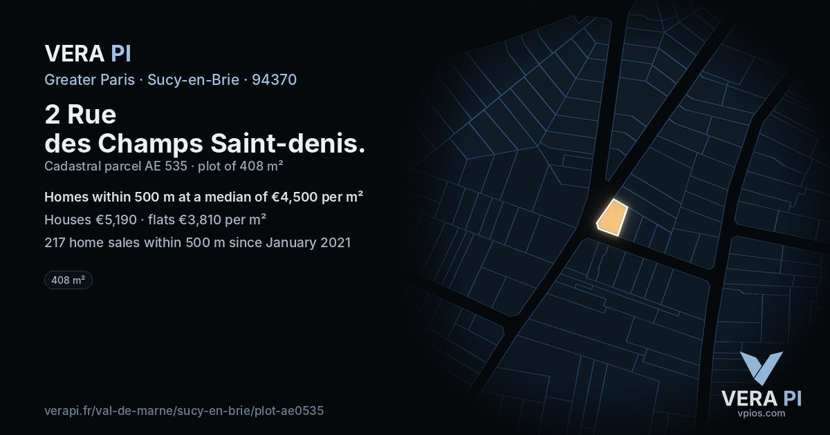 2 Rue des Champs Saint-denis, Sucy-en-Brie at night – the plot lit, the parcels around coloured by the prices near them