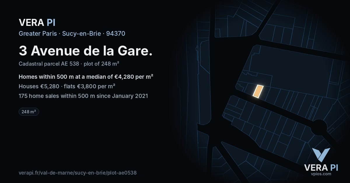 3 Avenue de la Gare, Sucy-en-Brie at night – the plot lit, the parcels around coloured by the prices near them