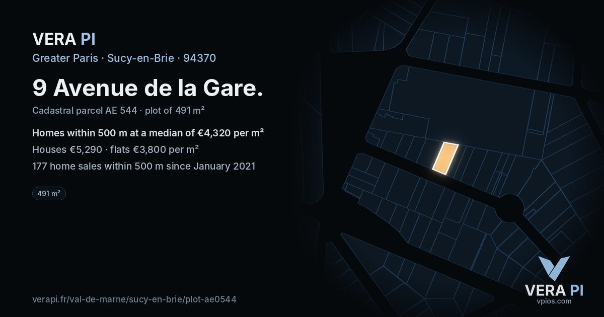 9 Avenue de la Gare, Sucy-en-Brie at night – the plot lit, the parcels around coloured by the prices near them