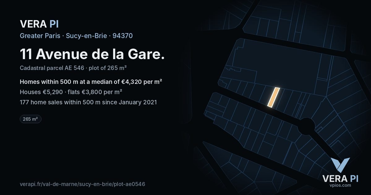 11 Avenue de la Gare, Sucy-en-Brie at night – the plot lit, the parcels around coloured by the prices near them
