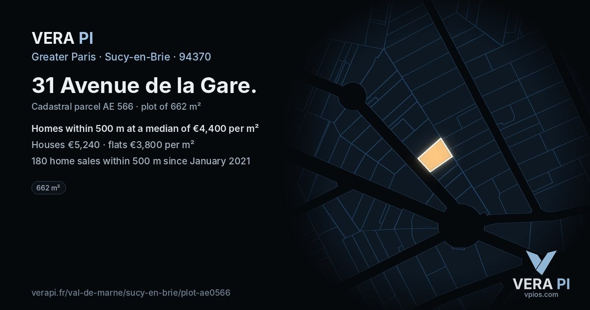31 Avenue de la Gare, Sucy-en-Brie at night – the plot lit, the parcels around coloured by the prices near them