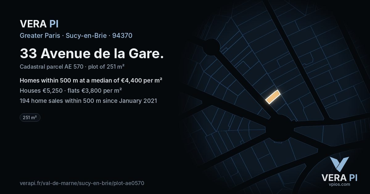 33 Avenue de la Gare, Sucy-en-Brie at night – the plot lit, the parcels around coloured by the prices near them