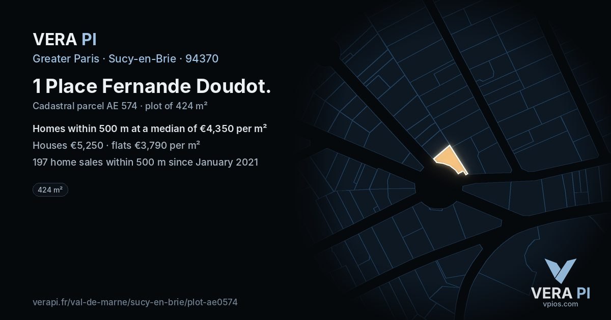 1 Place Fernande Doudot, Sucy-en-Brie at night – the plot lit, the parcels around coloured by the prices near them