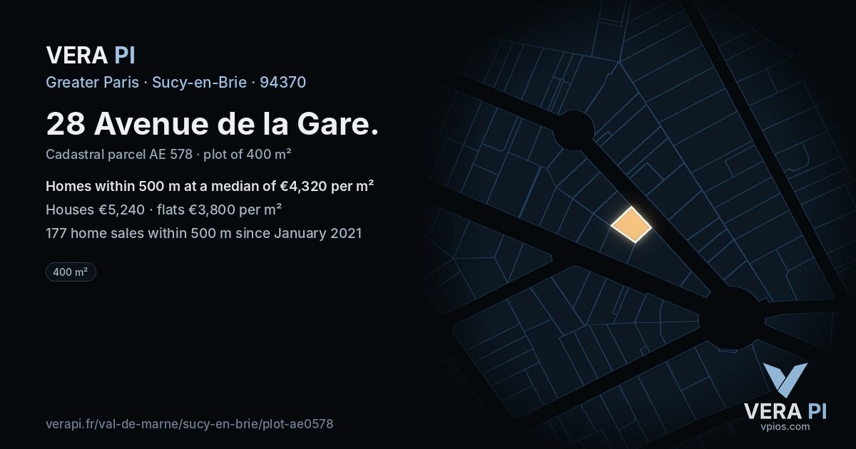 28 Avenue de la Gare, Sucy-en-Brie at night – the plot lit, the parcels around coloured by the prices near them