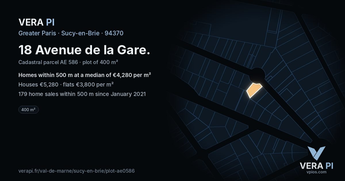 18 Avenue de la Gare, Sucy-en-Brie at night – the plot lit, the parcels around coloured by the prices near them