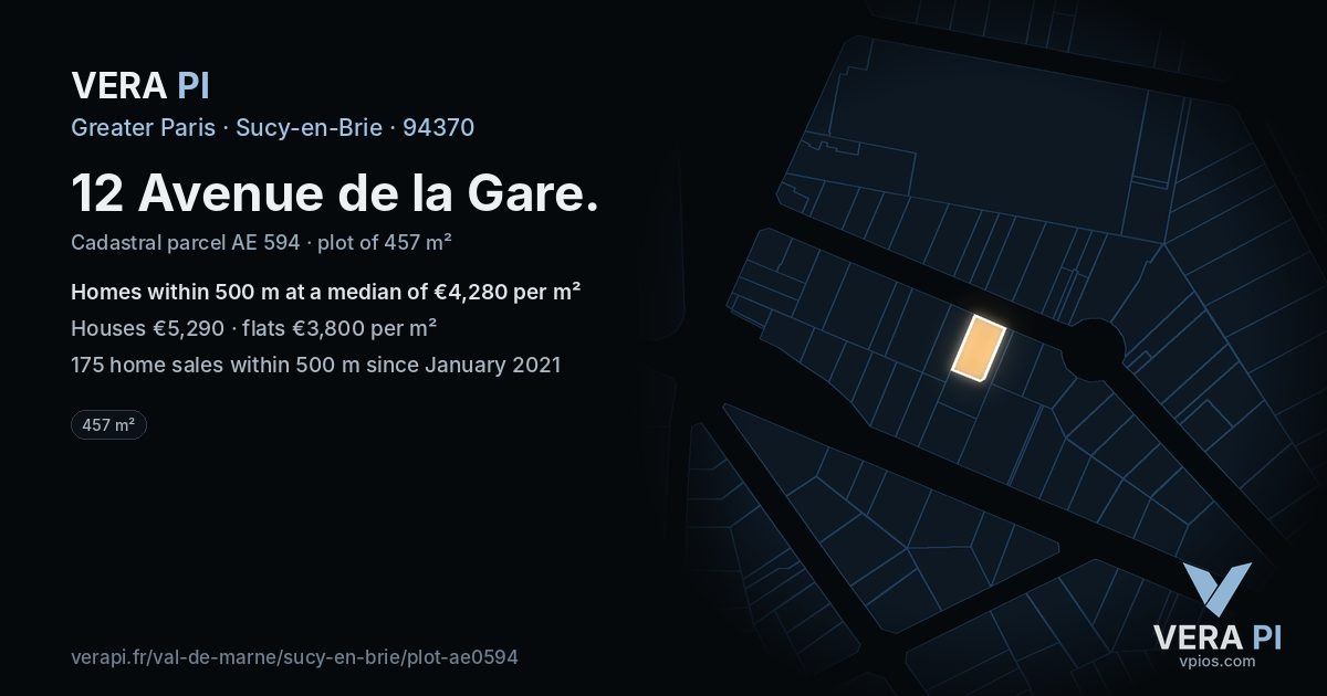 12 Avenue de la Gare, Sucy-en-Brie at night – the plot lit, the parcels around coloured by the prices near them