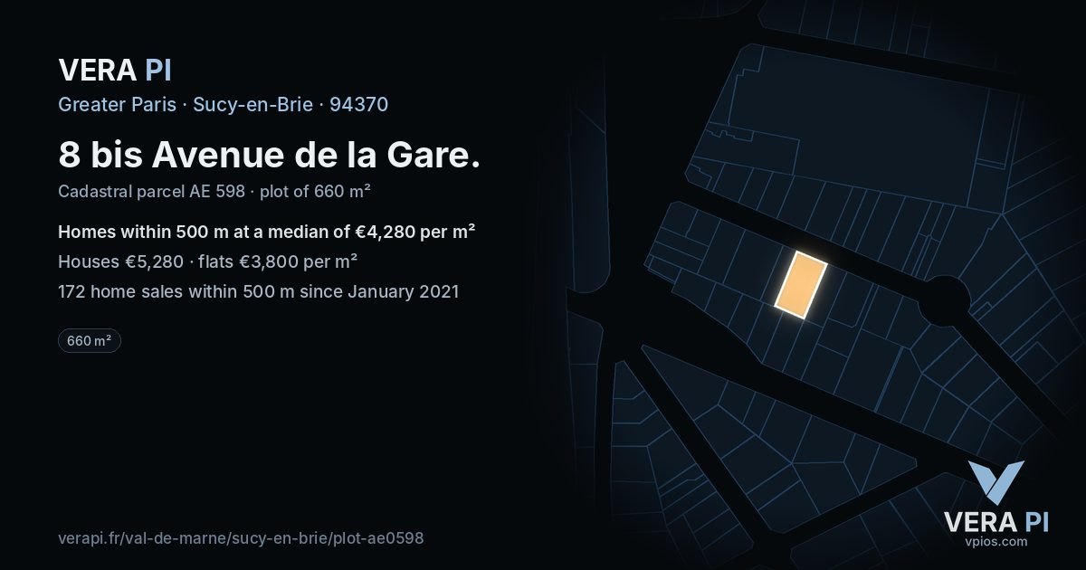 8 bis Avenue de la Gare, Sucy-en-Brie at night – the plot lit, the parcels around coloured by the prices near them