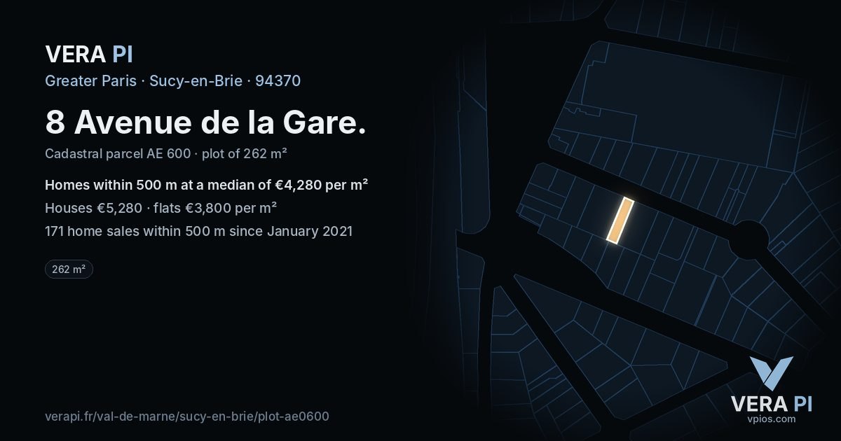 8 Avenue de la Gare, Sucy-en-Brie at night – the plot lit, the parcels around coloured by the prices near them
