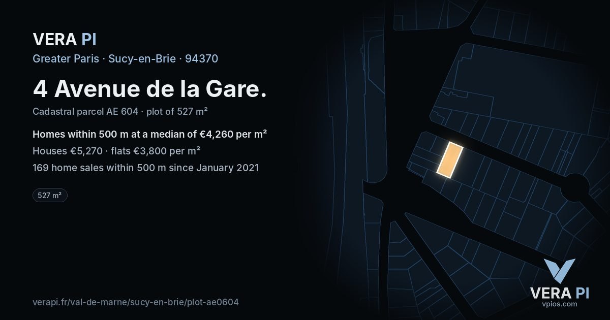 4 Avenue de la Gare, Sucy-en-Brie at night – the plot lit, the parcels around coloured by the prices near them